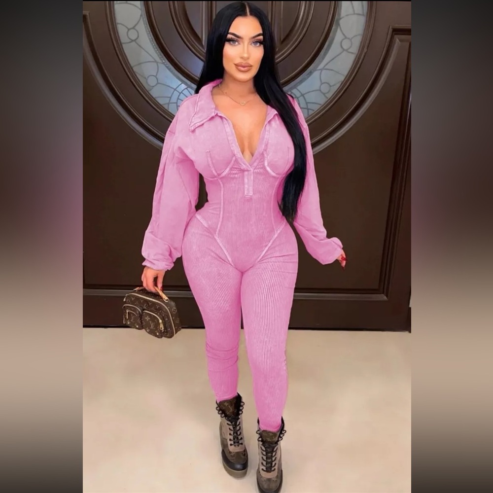 J.OUR Women Jumpsuit Mineral Washed Form Fitting Shape Long Sleeve Size Large